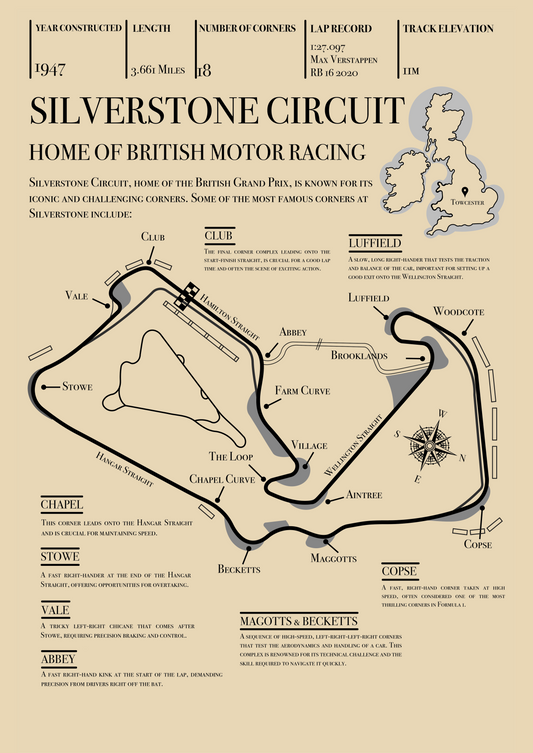 Silverstone Grand Prix Retro Circuit Map Poster Only